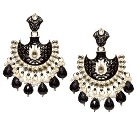 Bindhani Traditional Indian Meenakari Earrings For Womenn (Gold-Plated, Kundan Stones, Black Drops)