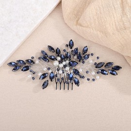 Teyglen Ink Blue Rhinestone Wedding Hair Comb Simple Rhinestone Pearl Hair Comb Bridal Headpiece Head Jewelry Accessories for Women Party Prom(Ink Blue)