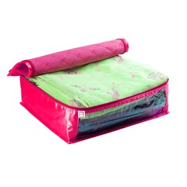 atorakushon Fabric Satin Foldable Saree Covers Cloth Garments Storage Bag Wardrobe Organizers with Strong Zippers & Transparent Window Pack of 4 Pink