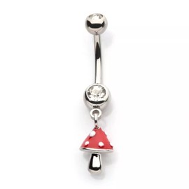 Pierced Owl 14GA 316L Stainless Steel CZ Crystal with Dangling Red Enamel Mushroom Belly Button Ring, Metal, cubic zirconia