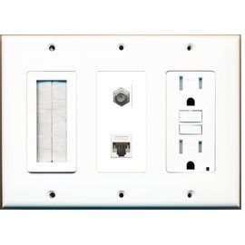 RiteAV - (3 Gang 15A GFCI Outlet Mesh-Brush Coax Cat5e White Wall Plate White