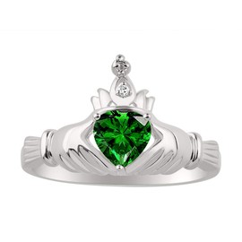 RYLOS Rings for Women Sterling Silver Claddah Love, Loyalty & Friendship Ring Heart 6MM Gemstone & Diamond Claddagh Rings May Emerald Jewelry for Women Sterling Silver Rings for Women Size 5-13