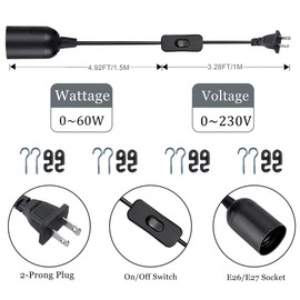 Zarnicy Plug in Light Socket - Pendant Hanging Lantern Cord - 8.2Ft Lamp Cord with Switch E26/E27 Extension Cable, Black Light Bulb Socket,4 Pack