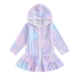 Kids Girl Swim Cover Up Hooded Zip-Up Tie Dye Terry Swimsuit Cover-ups Beach Robe Dress Bathrobe Towel Bathing Suit (Purple, 3-4 Years)