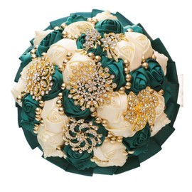 Gkvszy Emerald Green and Ivory Gold Brooch Wedding Bridal Bouquet for Bride Bridesmaid Quinceanera with Bling Rhinestone Pearl Satin Rose Flower Bouquet Wedding Emerald Green and Ivory 8.3in
