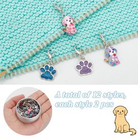 PLIGREAT 24 Pcs Cute Colorful Dogs Paws Charms Crochet Stitch Markers Knitting Row Counter Locking Mark Clips Knitting Tool Kit with Storage Tin Box Gifts for Mom DIY Jewelry Crafts Accessories