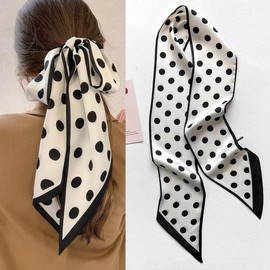 JN&LULU Women Bandana Silk Like Head Scarf Women's Fashion Square Neck Satin Scarfs for Bag Hair Scarves Lightweight Neck Tie, 008white Dots, 59 * 5.9”
