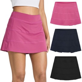 Real Essentials 3 Pack:Women's 14" Pleated Tennis Skorts Golf Skirt High Waisted Athletic Running Casual Shorts with Pockets