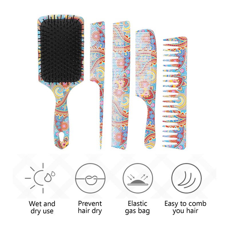 5pcs Paddle Hair Brush Set Easy Detangling Brush Tail Comb