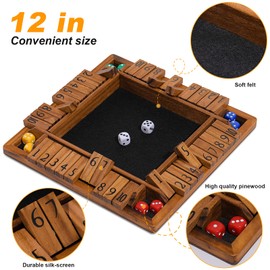 Crobyi Shut The Box Game Wooden for 1-4 Players，Educational & Fun Wooden Board Game with 10 Dice and Shut-The-Box Instructions for Kids & Family, Pub Dice Game for Adults. (12 Inches)