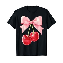 Cute Pink Coquette Bow Cherry Retro Women Teens Kids Girls T-Shirt