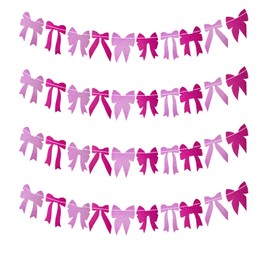 Qpou 4 Pack Glitter Pink Bow Garland Banner, Bow Party Decorations Coquette Birthday Decorations, Pink Bow Decor for Baby Shower Girls Women Birthday Party