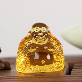 Reyife Healing Crystal Laughing Buddha Statue Mini Happy Lucky Buddha Figurine Meditation Feng Shui Wealth Ornament for Desk Car Home Decor