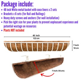 LaLaGreen Deck Railing Planter Boxes (2 Pack, 48 Inch) White Metal Rectangular Window Flower Box with Coco Liner, Wall Hanging Planters for Outdoor Plants Rail Fence Balcony Patio Porch Garden Decor