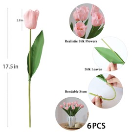 mizii 6Pcs Artificial Tulips Flowers Pink Fake Silk Tulips Flower Realistic Tulip Flores for Wedding Decorations Table Centerpieces Flower Arrangement Dresser Vase Home Room Decor (Pink)