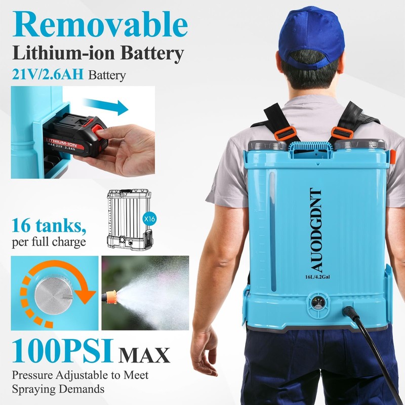 Battery Powered Backpack Sprayer 4 Gallon, 100 PSI Electric Garden