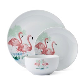Studio Nova Flamingo Haven Tropical 12 Piece Dinnerware Plate Bowl Set, Service for 4