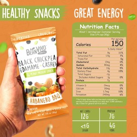 BeanVIVO Plant Based Protein Snacks - Habanero BBQ Flavor with Dried Edamame, Roasted Cashew and Chickpeas - Non-GMO Crunchy Salad Toppers - High-Protein and Rich in Fiber - 8Pack (1.05 oz Each Pouch)