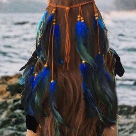 GORTIN Boho Feather Headband Indian Hippie Headpiece Festival Feather Hair Accessories for Women (Blue, Free size)