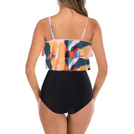 Womens Tankini Swimsuits Ruffled Tank Top Tummy Control Floral Modest Swimwear High Waisted Bikini, Colorful Print, X-Small