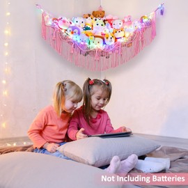 CanJoo Stuffed Animal Hammock with LED Light Corner Hanging Net for Stuffed Animals Storage Girls Room Decor Stuff Animals Organizer Holder with Tassels Toy Hammock Storage (Pink)