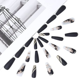 Brishow Black False Nails Long Nails for Sticking Gold Butterfly Press On Nails Ballerina Acrylic False Nails 24 Pieces for Women and Girls