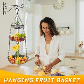 HULISEN 3 Tier Hanging Fruit Basket with Banana Hook, Heavy Duty Wire Hanging Baskets for Kitchen Storage, 36 Inch Hanging Vegetable Produce Basket Organizer (Including Installation Bracket)