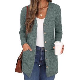GRECERELLE Cardigan for Women Open Front Button Down Ribbed Knit Lightweight Ladies Sweater V Neck Long Sleeve Outerwear Blue Green-L