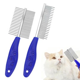 Pack of 2 Dog Combs, Cat Comb, Double-Sided Metal Rounded Teeth + One-sided Long Short Teeth Comb, Stainless Steel Pet Grooming Comb Brush, Fur Comb for Pets with Short/Medium/Long Hair, Blue
