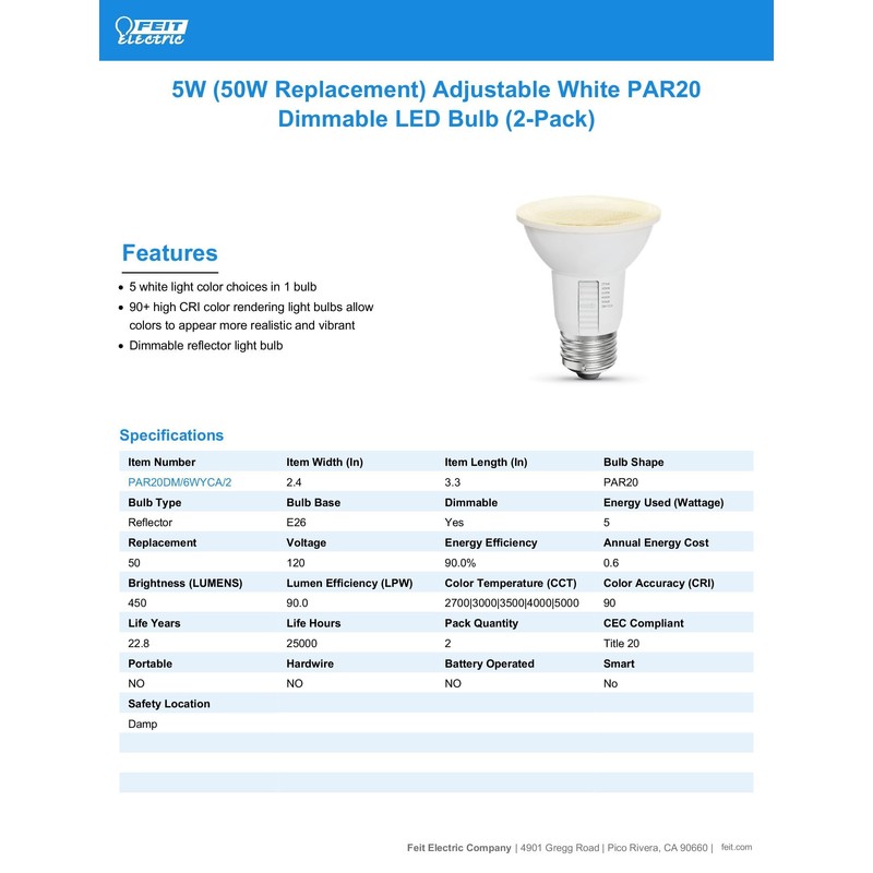 Feit Electric PAR20 LED Light Bulb, 50W Equivalent, Dimmable, Color
