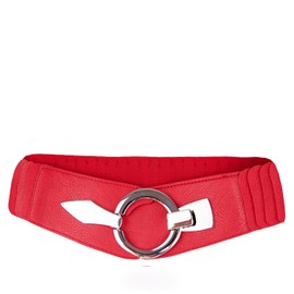 Glamexx24 Women's Elastic Waist Belt 6 cm Wide Waist Belt with Silver Ring, red