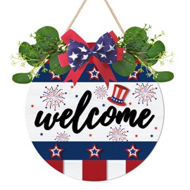 HPNIUB 3D Welcome Patriotic Wall Decor, Memorial Day Wreaths Wooden Hanging Sign, Rustic American Stars Door Sign, Independence Day Wood Hanging Plaque for Front Door Porch Home