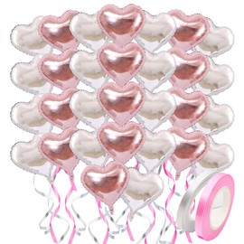 HIRAISM Aluminum Balloons, Heart Balloons, Large, 18.1 inches (46 cm), Set of 30, Ribbon Included (Silver & Pink)