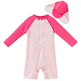 Baby Girls UPF 50+ Sun Protection All in One Swimming Costume with Sleeves (Rose, Flowers 12-18 Months)