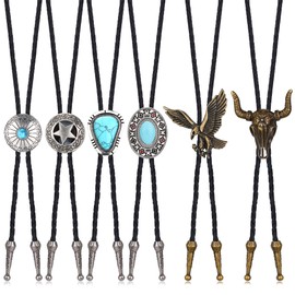 YADOCA 6 Pcs Leather Bolo Tie Turquoise Handmade Round Shape Western Cowboy Black Leather Necktie Bola Tie for Men Women A