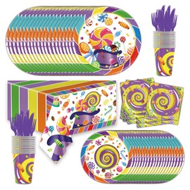 141Pcs Chocolate Candy Birthday Decorations Plate Include Plates-Napkins-Cups-Forks-Knives and Tablecloth for Kids Birthday Party Supplies