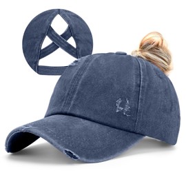 Epsoco Womens Criss Cross Ponytail Baseball Cap Washed Distressed Ponytail Hat Adjustable High Messy Bun Trucker Ponycap for Outdoor Sports Navy Blue