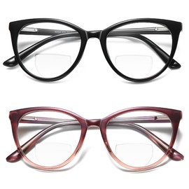 LKEYE Bifocal Reading Glasses Women Blue Light Blocking Progressive Readers CatEye Round Frame Clear Top Stylish Oversized Ladies Fashion Large Designer Eyeglasses Purple 2 pack +2.25 X LK6017