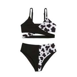 Milumia Girl's Cute 2 Piece Floral Criss Cross Bathing Suit Wrap Bikini Swimsuit Cow Print Black White 6 Years