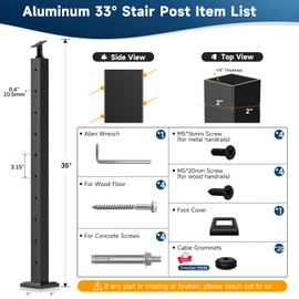 Gyykzz 36" Aluminum Cable Railing Stair Post Perfect for Coastal Projects, 33° Drilled Stair Wire Deck Post for 28-38 Degrees Stair, Black Coating Stair Post for Cable Railing System Outdoor Seaside
