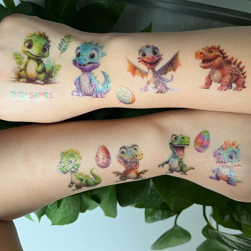 Dinosaur Glitter Tattoo Set, 12 Sheets Dino Temporary Glitter Tattoo,