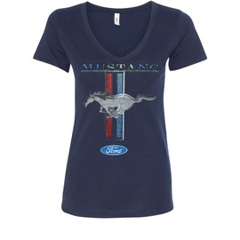 Ford Mustang Classic Women's V-Neck T-Shirt GT Cobra Boss 302 Mach 1 Navy Blue Small