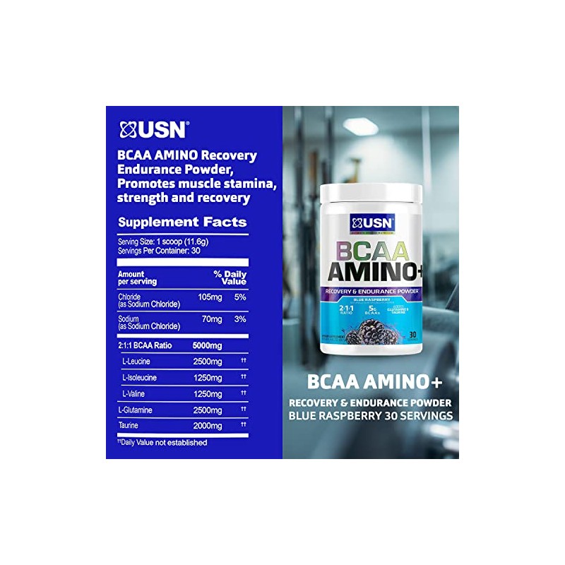 USN Suplementos BCAA Amino + Suplemento, Frambuesa Azul, 11 oz