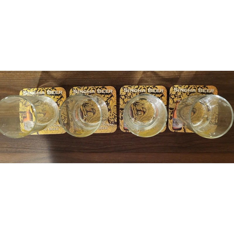 Singha Set of 4 Singha Beer Glasses Thailand with Coasters