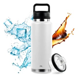 Magma Life Termo para Café y Agua, Botella Térmica de Acero Inoxidable 37 Oz (1100 ml): Contiene 1 Tapa Hermética (Blanco)
