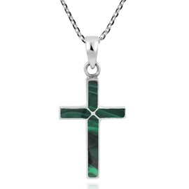 AeraVida Unisex Religious Beautiful Cross of Faith Malachite Inlaid .925 Sterling Silver Pendant Necklace