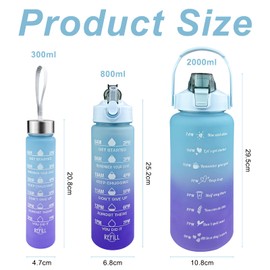 Noxtioanip Pack of 3 Drinking Bottles, 2 L, 800 ml, 300 ml, BPA-Free Water Bottle with Time Marking, Leak-Proof Motivational Sports Bottle, for Bike, Camping, Yoga, Fitness, Outdoor (Blue Purple)
