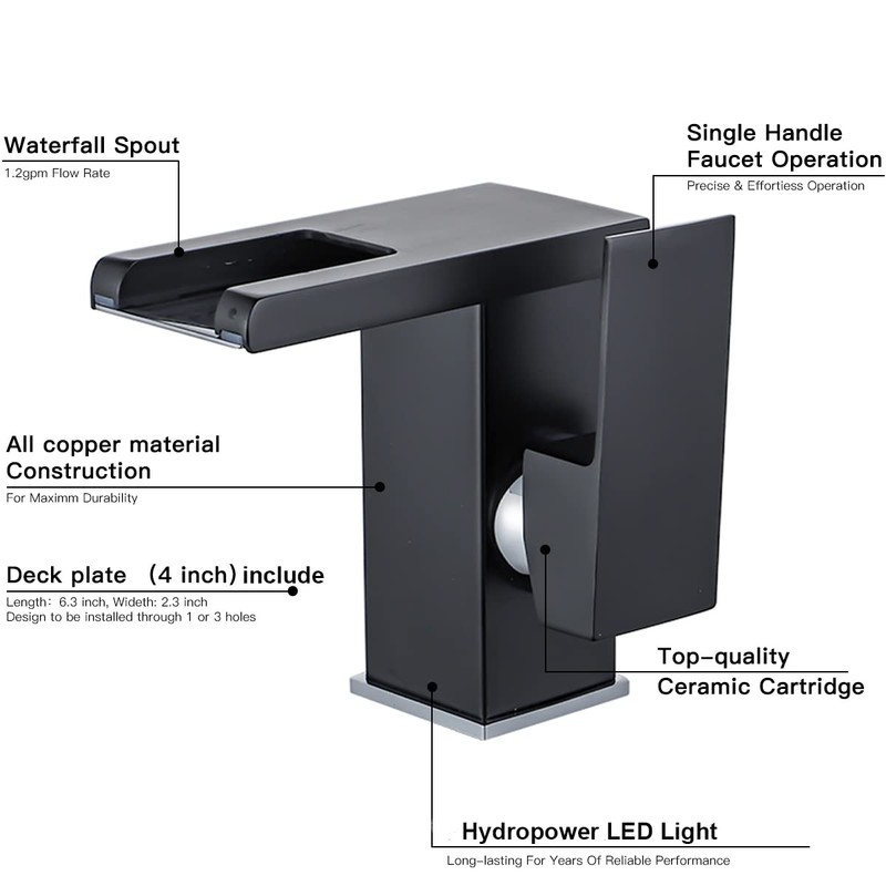 Bathroom Faucet Led Light RGB Waterfall Spout Black Lavatory Vanity