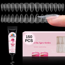 150 PCS Build on Apex Glamorous Nail Tips, EBANKU Pre-Building Clear Nail Tips Medium Almond Acrylic Full Cover Nails with Builder Glue Thicker Press on Nails for Flat Nails
