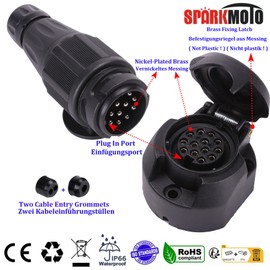 SPARKMOTO 13 Pin Trailer Plug Trailer Socket,12V Waterproof 13 Pin Trailer Plug Socket With Complete Installation Accessories For Cars Caravan Tow bar Towing Plug Socket Boat Trailer Connector(Long)